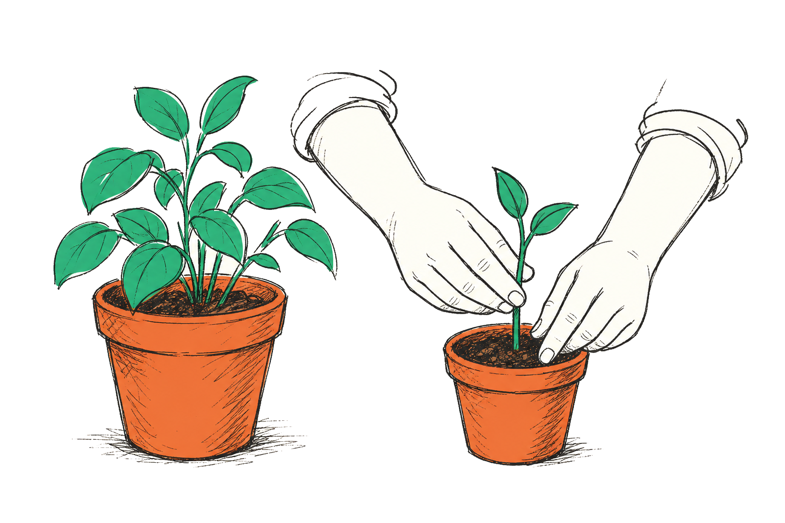 Handen plaatsen een stek uit een volwassen plant in een kleinere pot — de stagingomgeving als exacte kloon