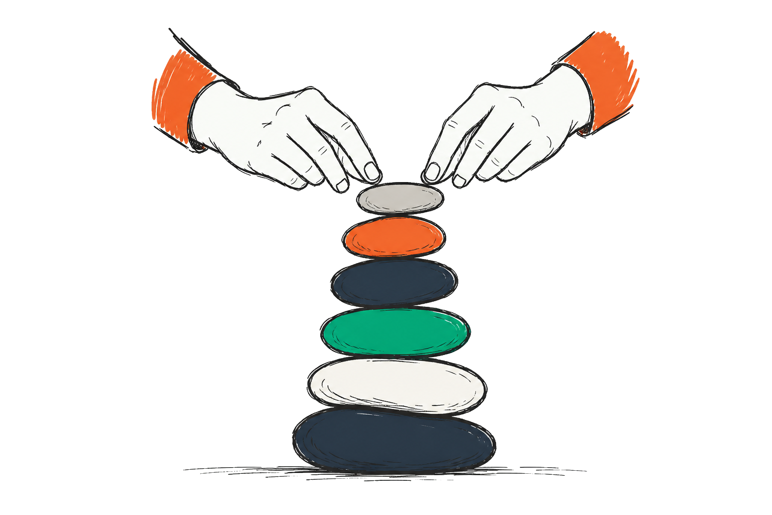 Handen plaatsen de zesde steen zorgvuldig op een balancerende cairn