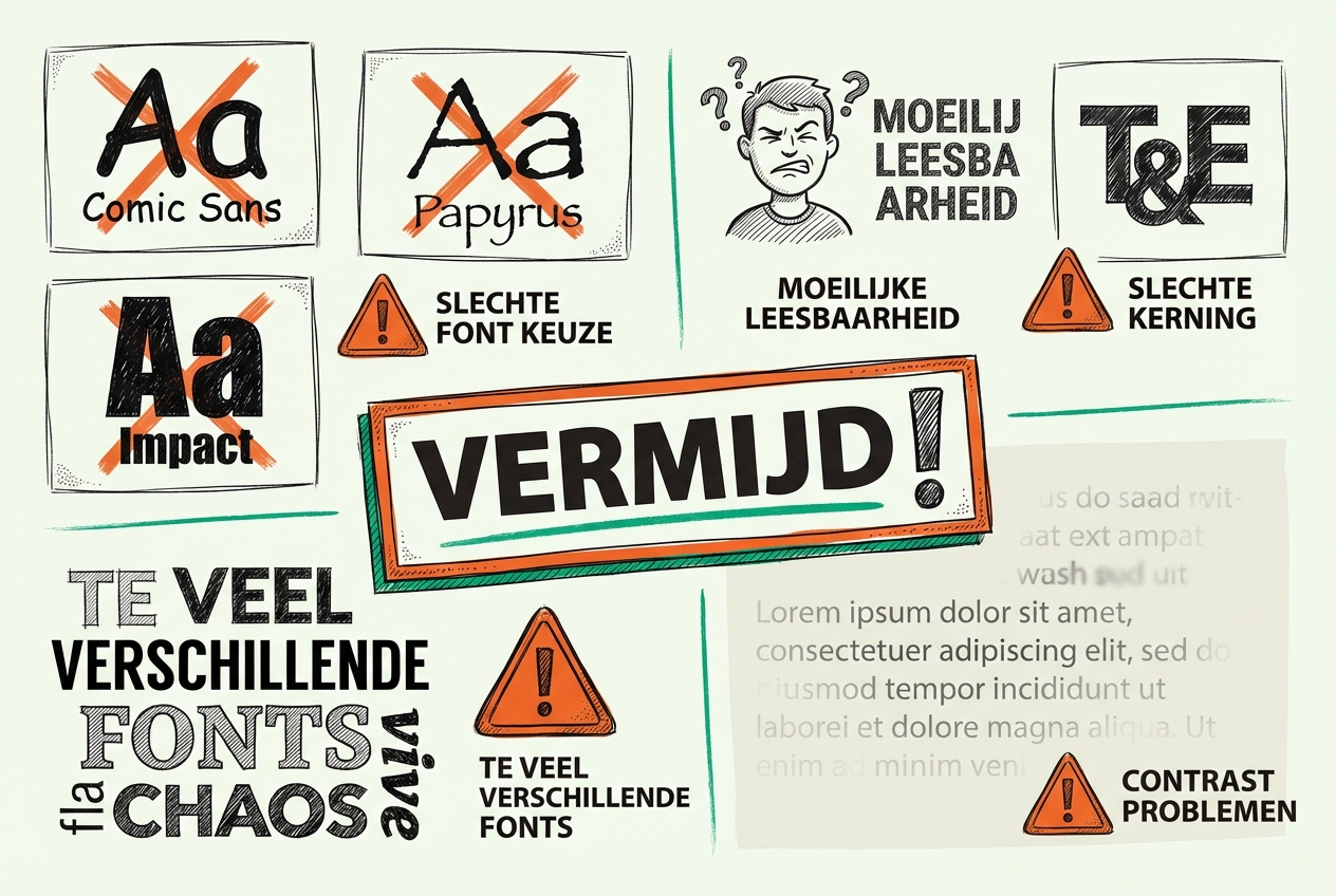 Abstracte waarschuwing illustratie voor slechte lettertypes: compositie met rode kruis symbolen over problematische fonts (Comic Sans, Papyrus, Impact), centraal VERMIJD waarschuwingslabel, typografie problemen gevisualiseerd met fronsend gezicht voor leesbaarheid, overlappende letters voor slechte kerning, font chaos met te veel verschillende stijlen, vervaagde tekst voor contrast problemen, oranje alert triangels - waarschuwt voor kritieke font keuze fouten