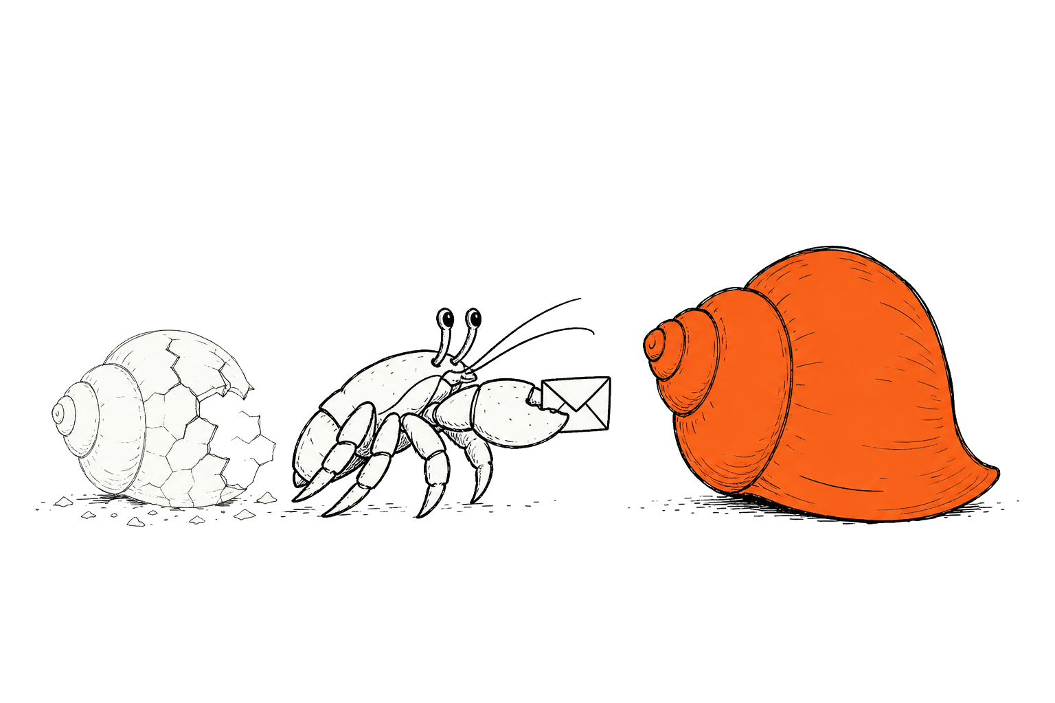 Een hermitkreeft verhuist van een oude, gebarsten schelp naar een nieuwe stevige schelp, met een envelopje in de klauw