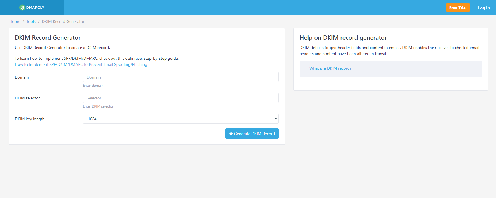 DMARCLY DKIM generator interface met key size selectie