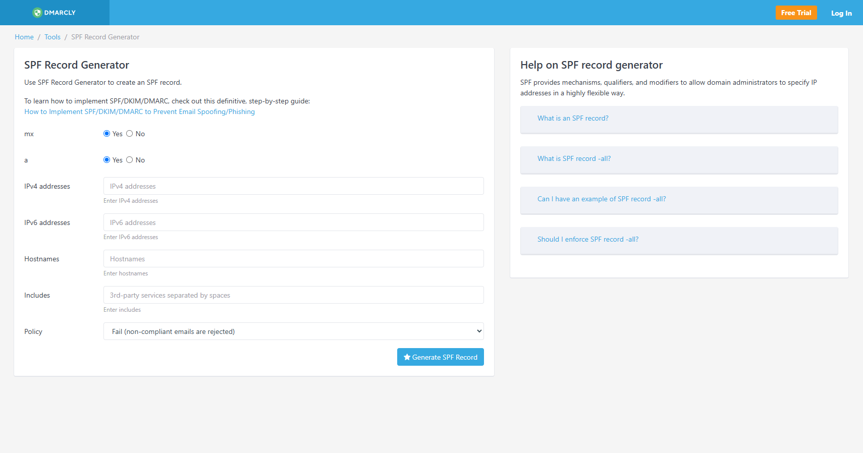 DMARCLY SPF record generator interface