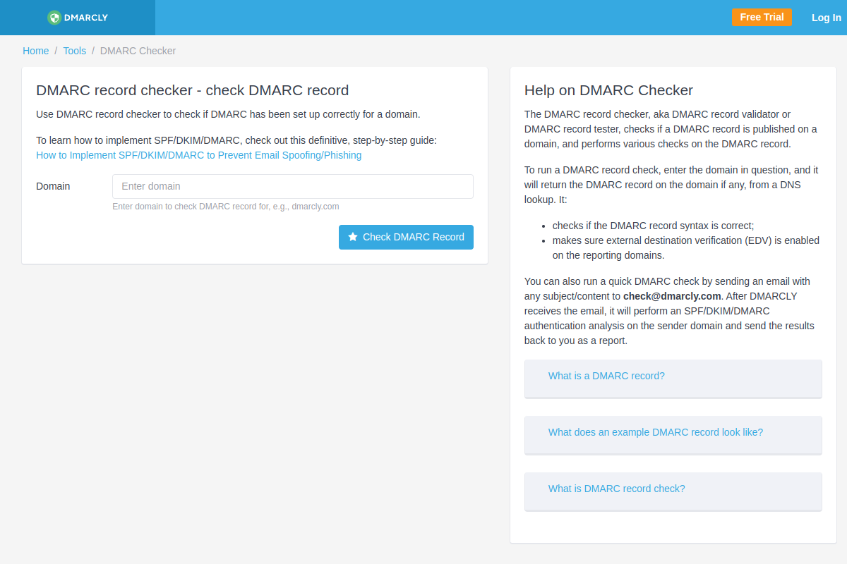 DMARCLY DMARC checker tool interface