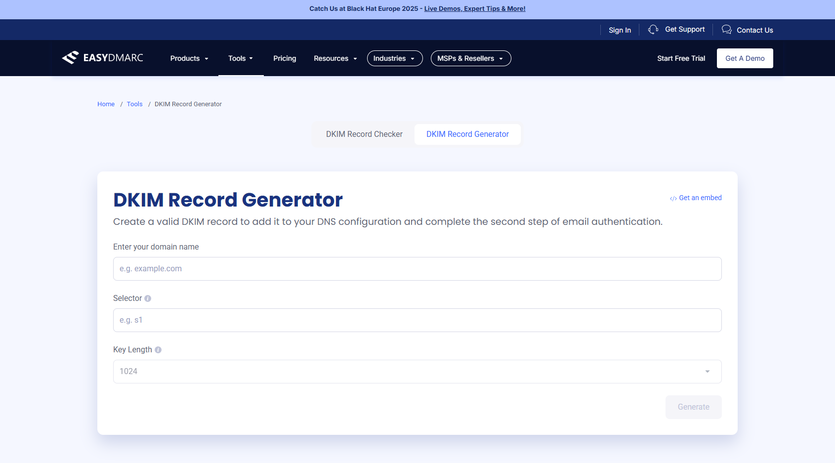 EasyDMARC DKIM generator interface met key size selectie