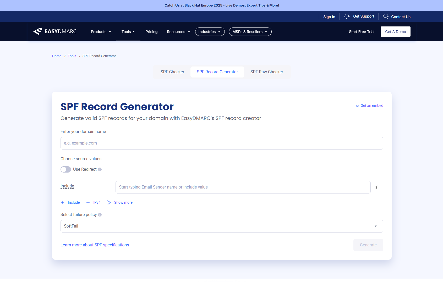 EasyDMARC SPF generator met stapsgewijze interface