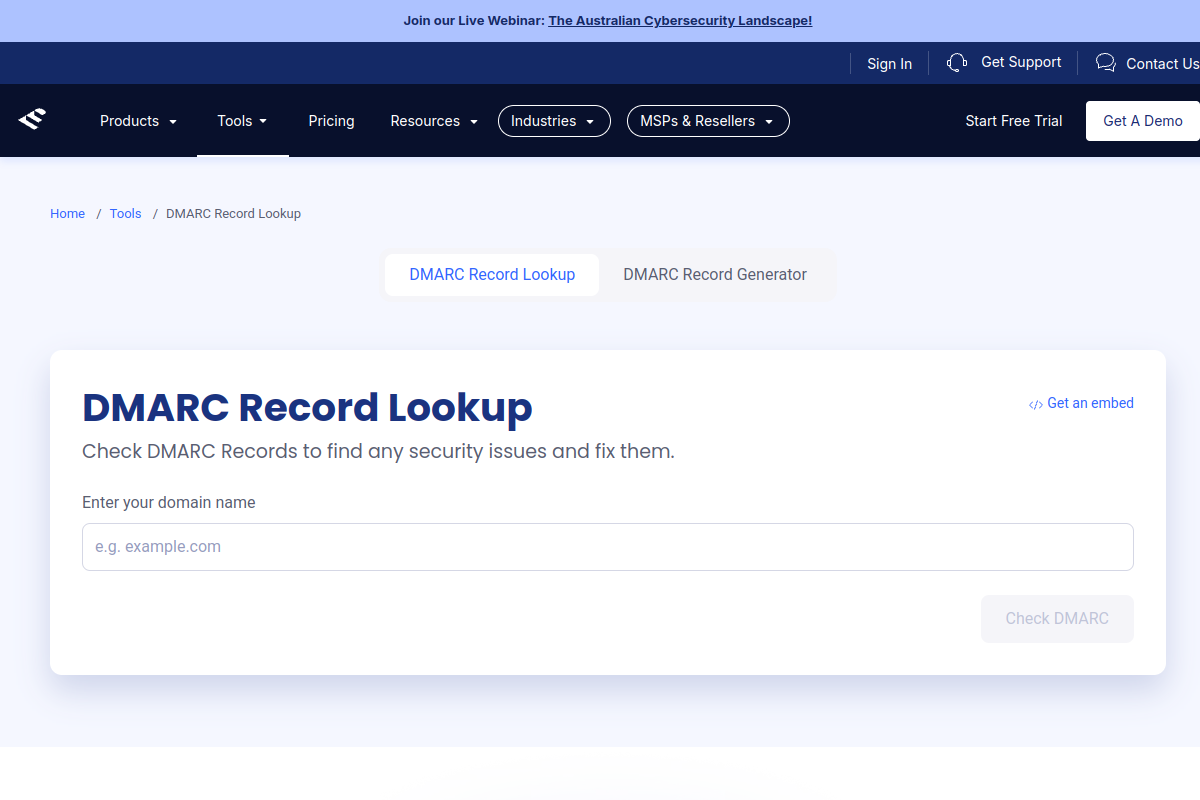 EasyDMARC DMARC lookup tool interface