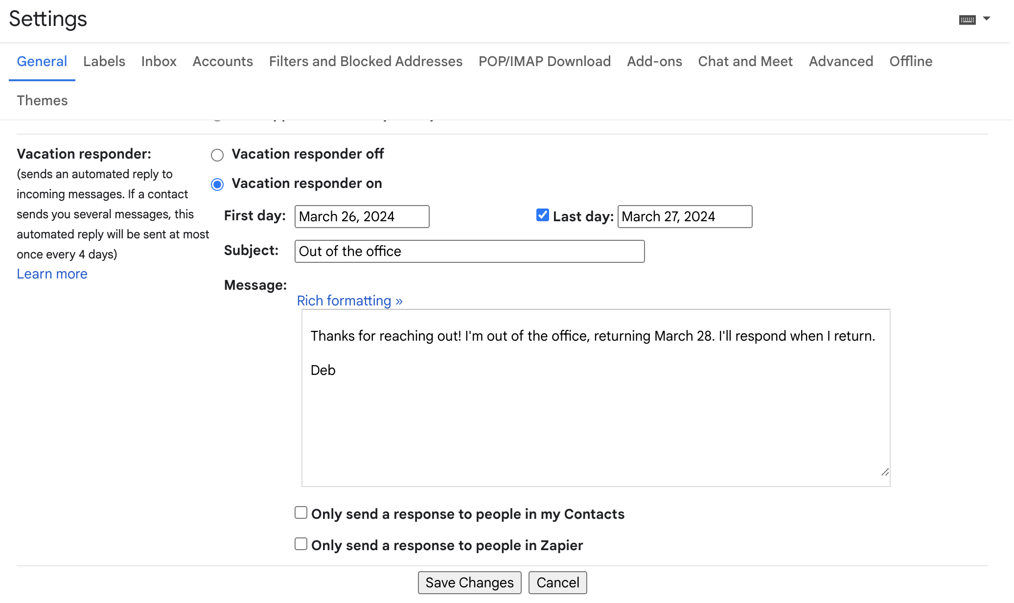 Afwezigheidsbericht Gmail instellen via vacation responder instellingen