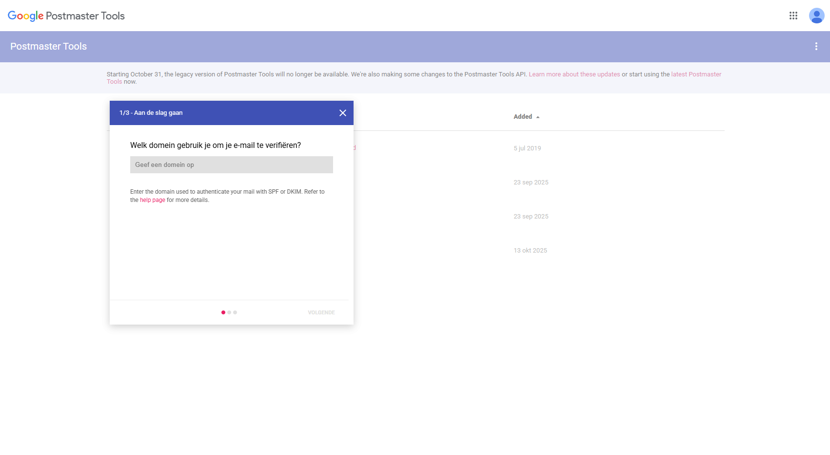 Google Postmaster Tools authenticatie dashboard