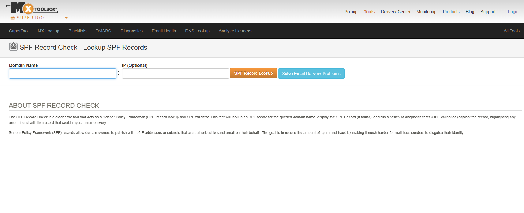 MXToolbox SPF record generator interface met DNS lookup teller