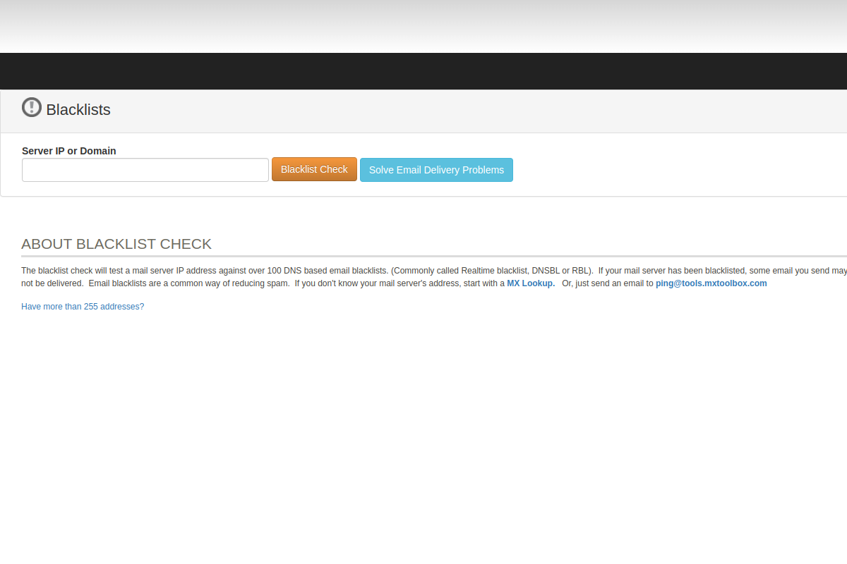 MXToolbox Blacklist Check interface - voer je IP-adres in om tegen 100+ blacklists te controleren