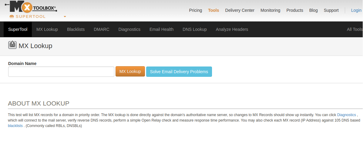 MXToolbox DNS en e-mail diagnostiek tool interface