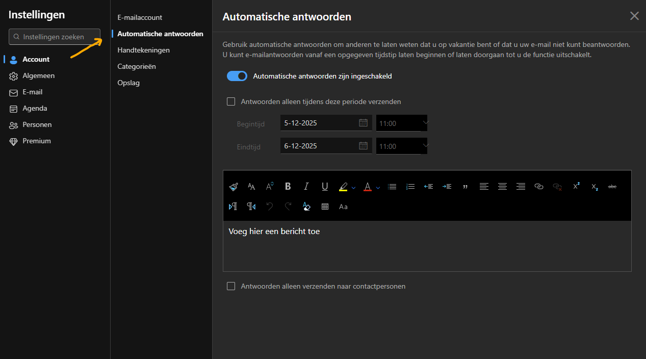 Afwezigheidsbericht Outlook desktop instellen via Bestand menu