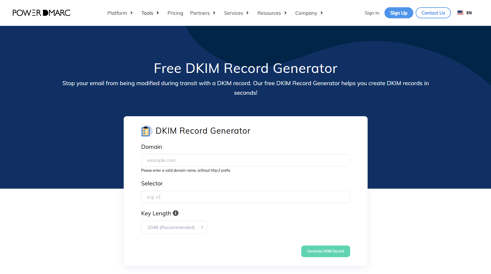 PowerDMARC DKIM generator met 2048-bit key generatie