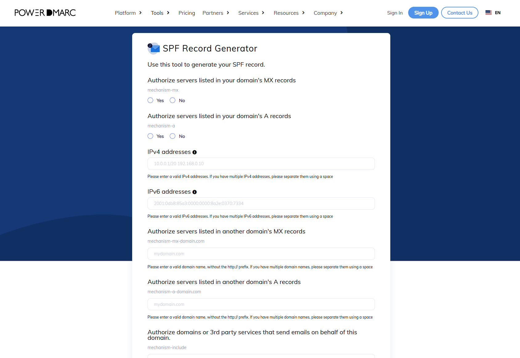PowerDMARC SPF record generator met mechanisme selectie