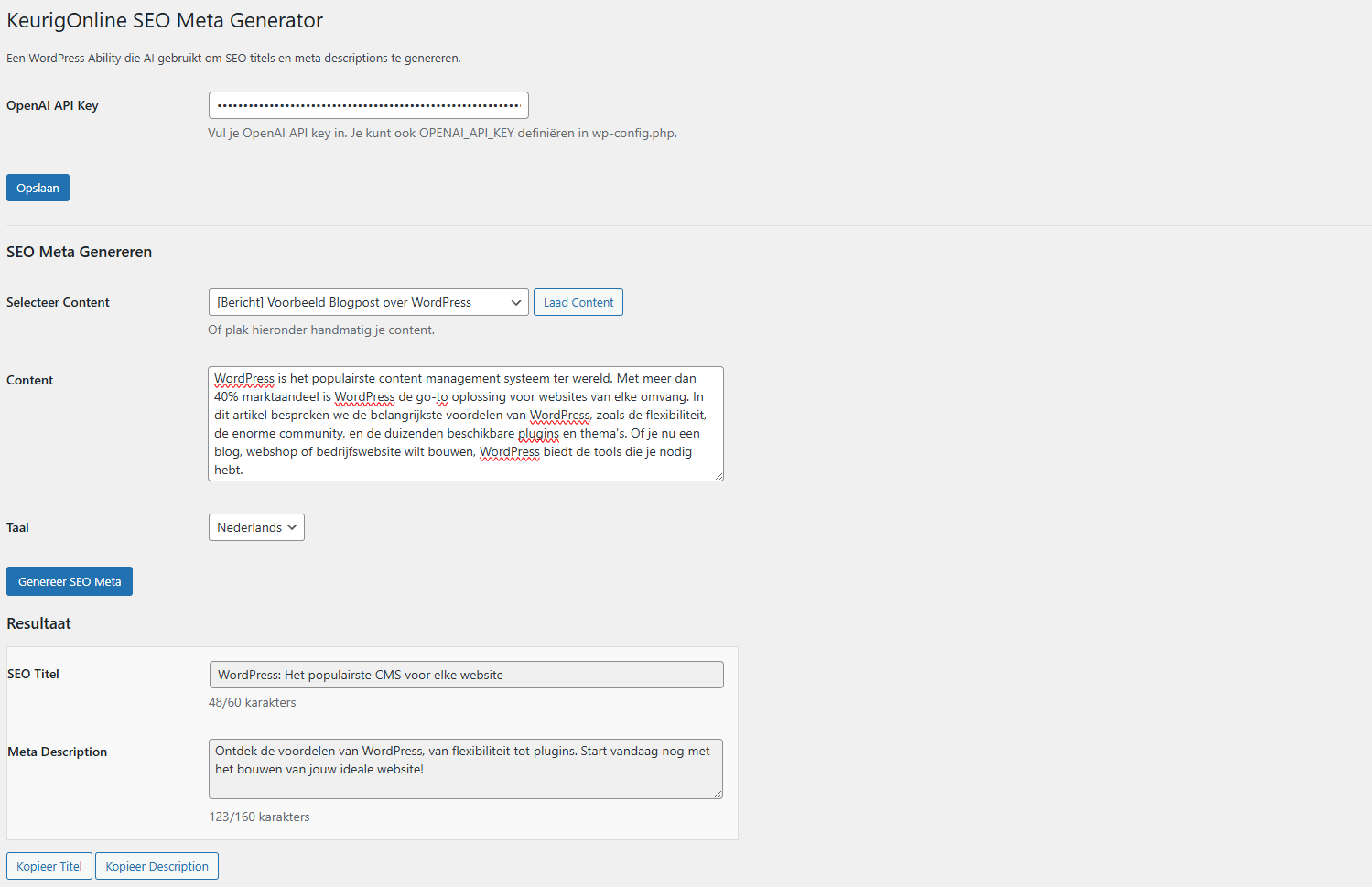 KeurigOnline SEO Meta Generator admin interface - formulier met content selector, taal keuze en genereer knop