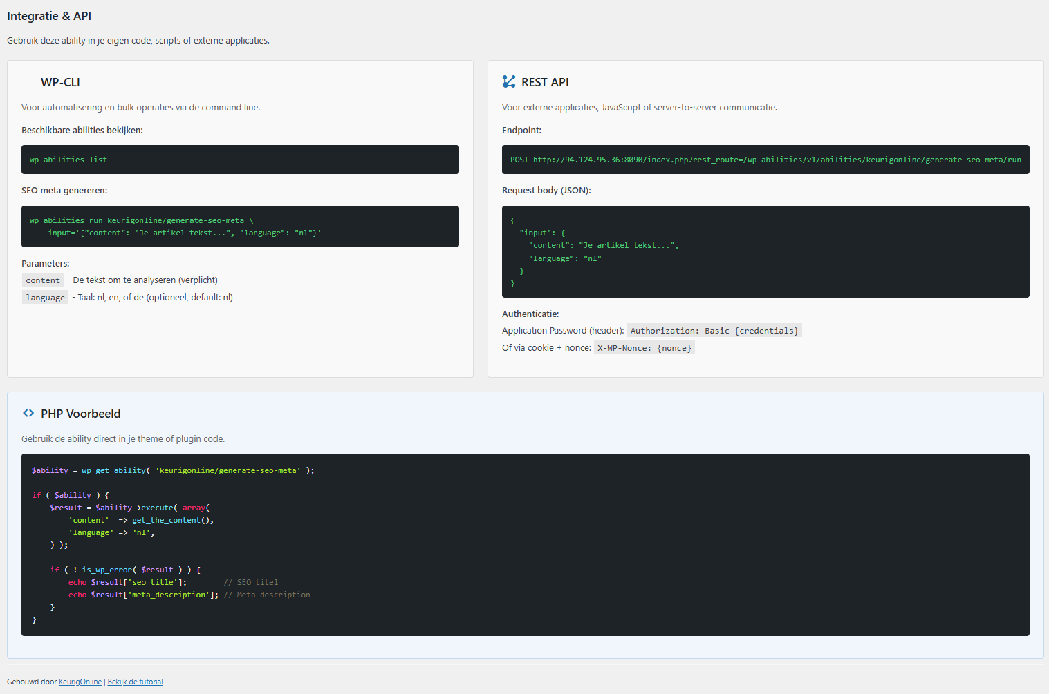 Integratie & API sectie - WP-CLI en REST API documentatie met code voorbeelden