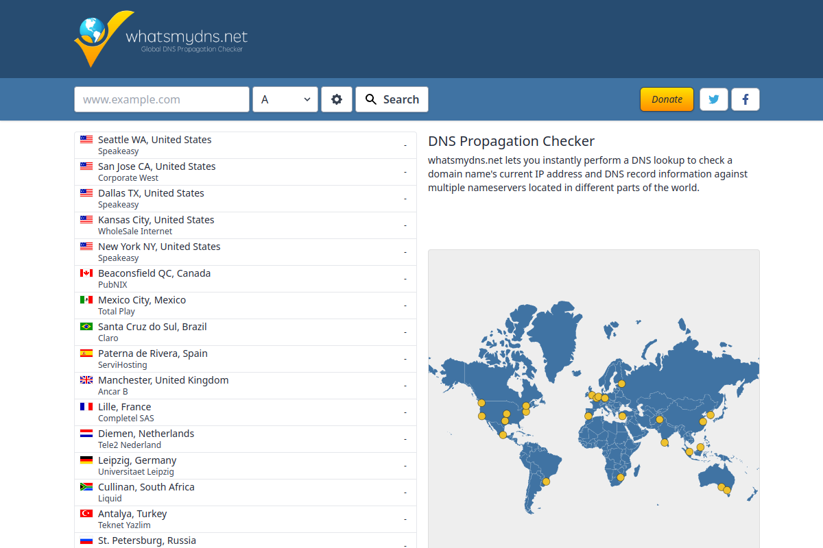 WhatsMyDNS.net DNS propagatie checker met wereldkaart