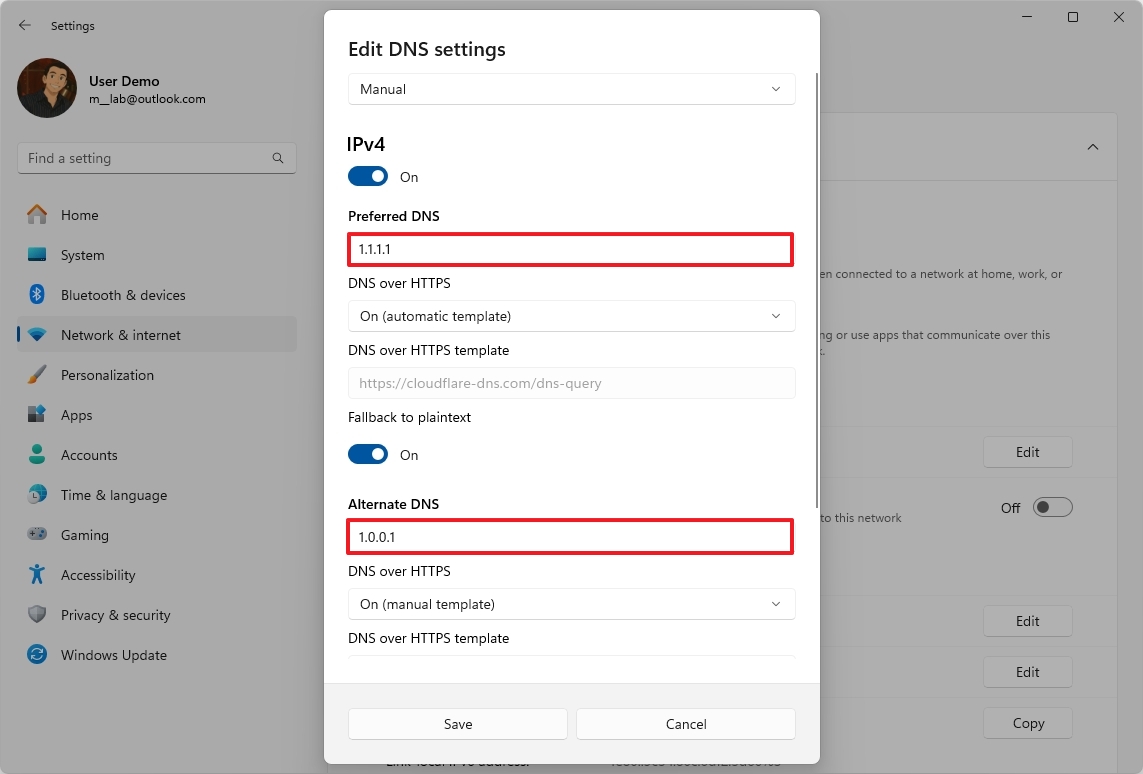 Screenshot van DNS-instellingen wijzigen in Windows