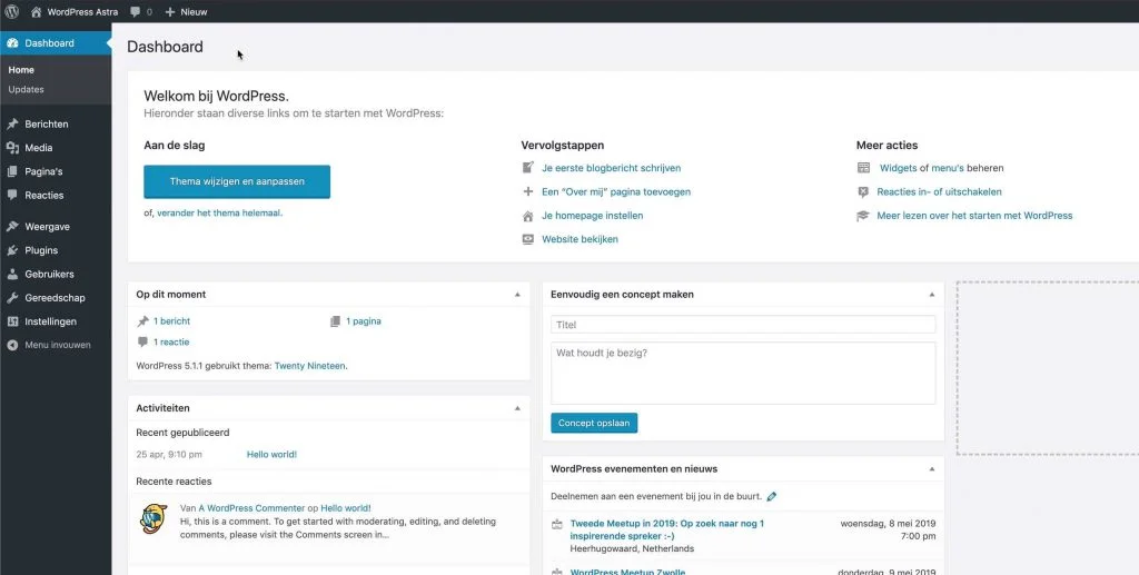 WordPress dashboard overzicht: het linker menu met Posts, Pagina's, Weergave, Plugins en Instellingen - de belangrijkste onderdelen voor beginners